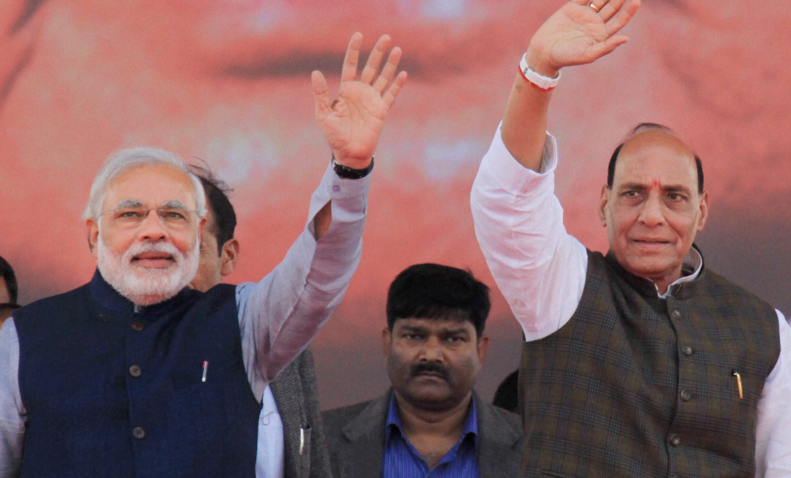 BJP Prime Ministerial candidate Narendra Modi along with party President Rajnath Singh during an election campaign rally in Lucknow (Photo - PTI)
BJP Prime Ministerial candidate Narendra Modi along with party President Rajnath Singh during an election campaign rally in Lucknow (Photo - PTI) 